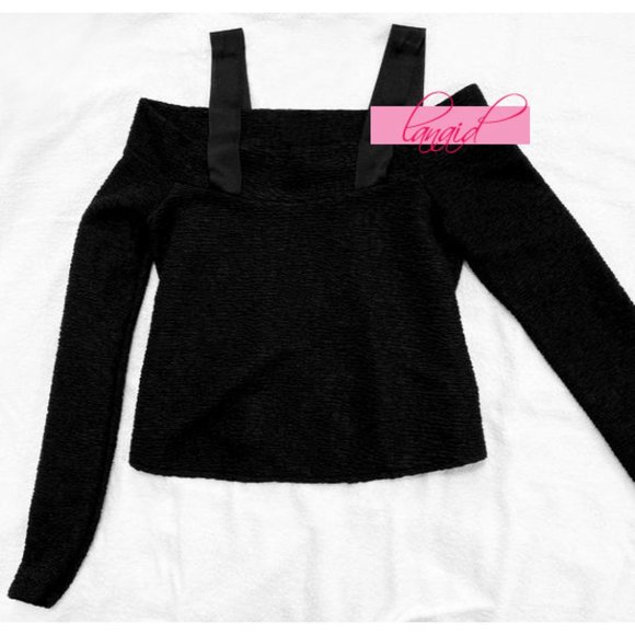 Zara Off-The-Shoulder Top With Straps Black Long Sleeve Travel Crinkled Blouse M - Picture 6 of 9